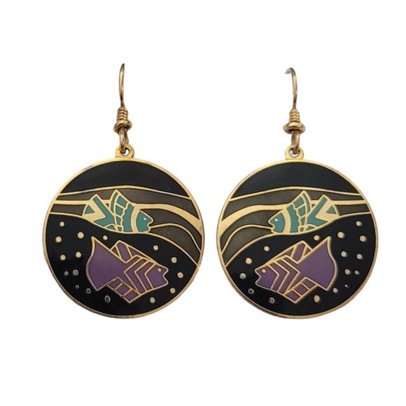 Laurel Burch Purple Green Black Enamel Tropical Fish French Hook Earrings, K895 - Picture 6 of 6